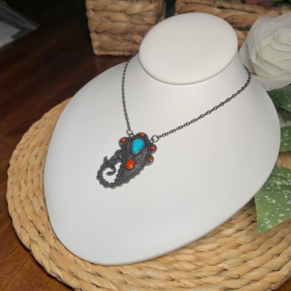 Southwestern Peacock Feather Turquoise Howlite and Red Cabochon Pendant Necklace - Picture 3 of 10